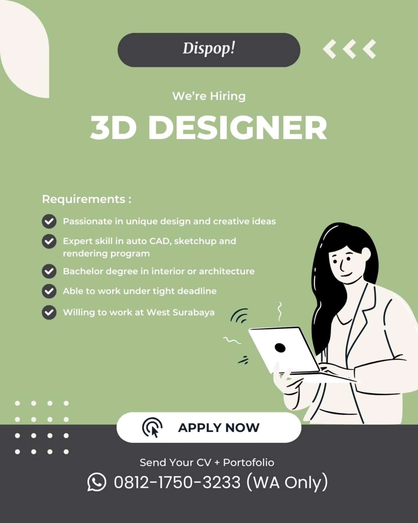 Lowongan Kerja 3D Designer di Dispop! - Surabaya Barat (S1 Interior/Arsitektur)